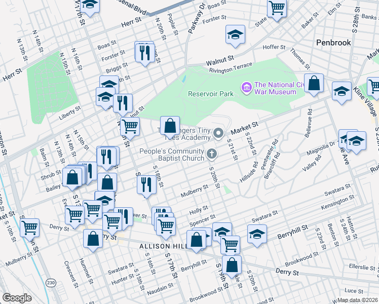 map of restaurants, bars, coffee shops, grocery stores, and more near 1926 Market Street in Harrisburg
