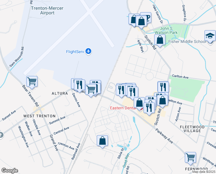 map of restaurants, bars, coffee shops, grocery stores, and more near Birmingham Court in Ewing Township