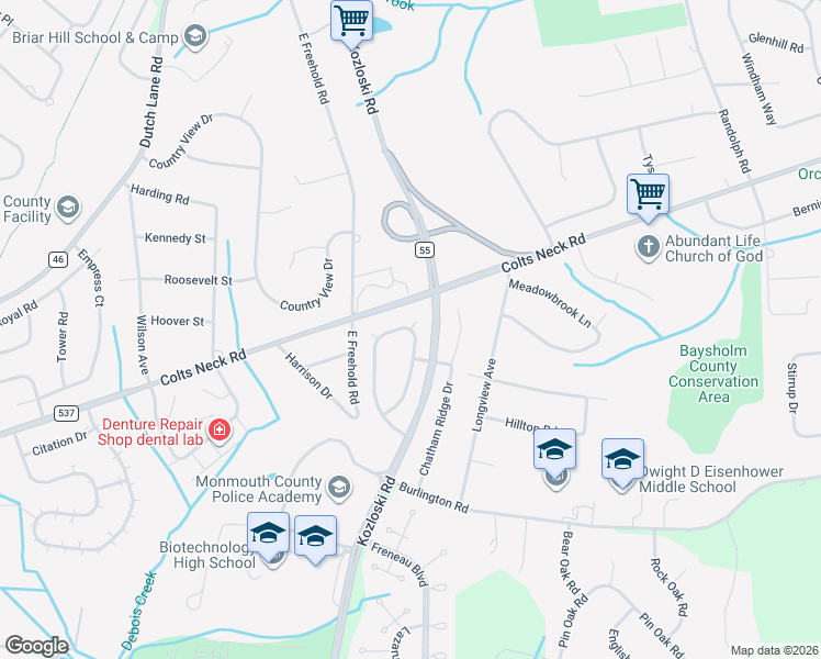 map of restaurants, bars, coffee shops, grocery stores, and more near Kozloski Road in Freehold Township