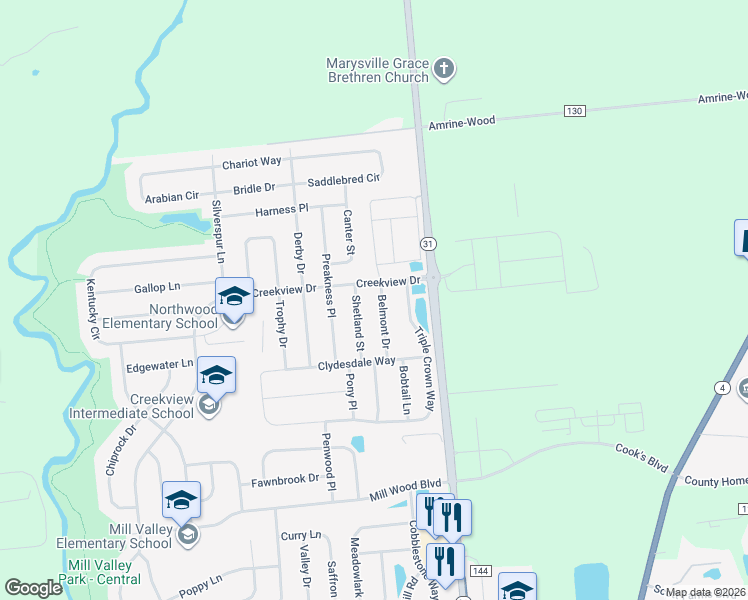 map of restaurants, bars, coffee shops, grocery stores, and more near 2091 Belmont Drive in Marysville