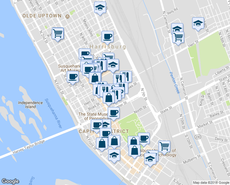 map of restaurants, bars, coffee shops, grocery stores, and more near 426 Boas Street in Harrisburg