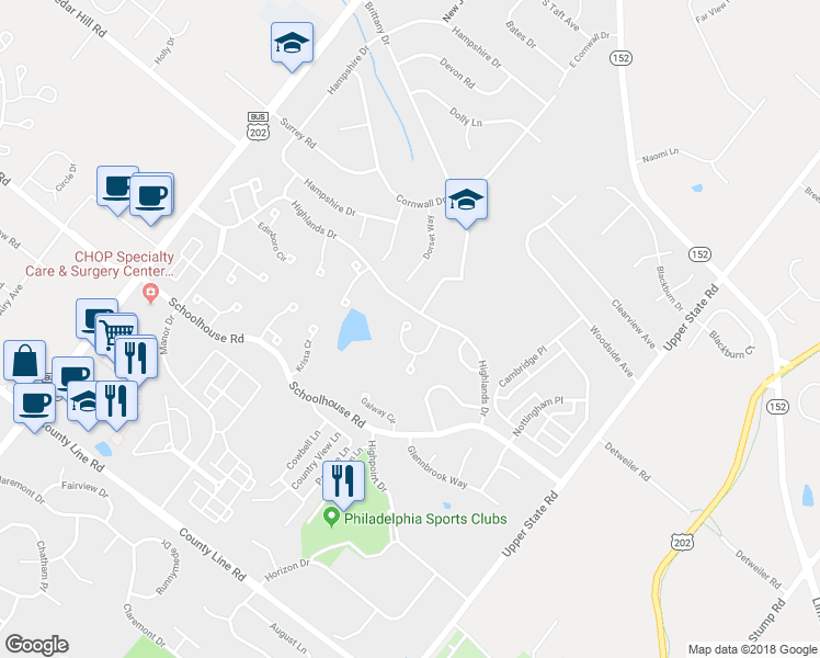 map of restaurants, bars, coffee shops, grocery stores, and more near 299 Inverness Circle in Chalfont