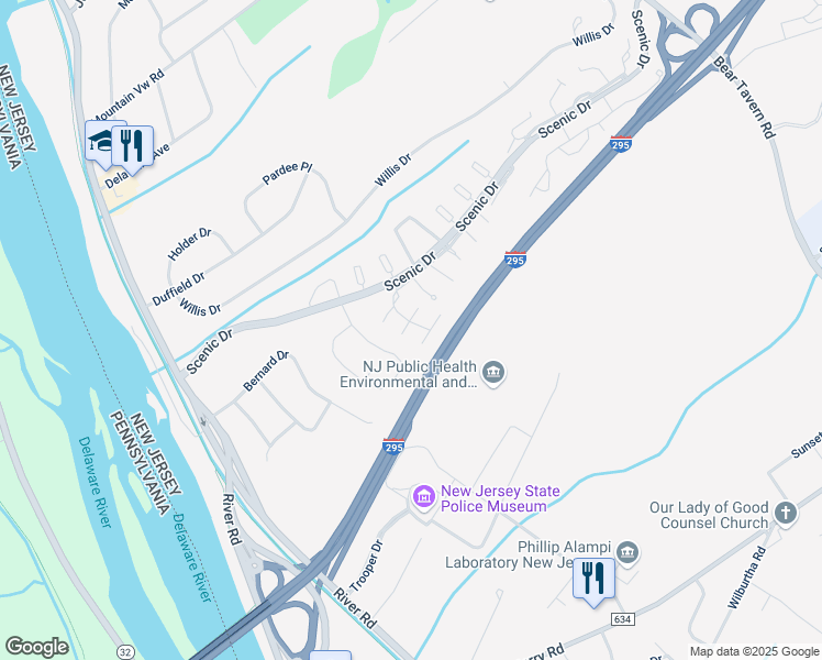 map of restaurants, bars, coffee shops, grocery stores, and more near 3 Boleyn Court in Ewing Township