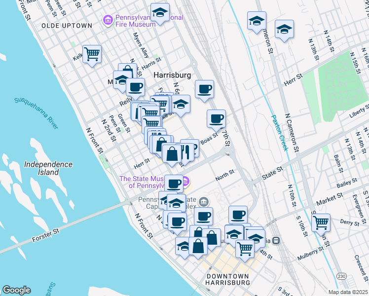 map of restaurants, bars, coffee shops, grocery stores, and more near 426 Boas Street in Harrisburg