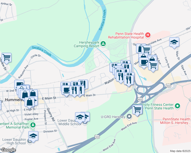 map of restaurants, bars, coffee shops, grocery stores, and more near 225 Townsend Drive in Hummelstown
