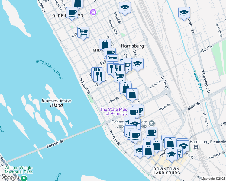map of restaurants, bars, coffee shops, grocery stores, and more near 1201 Green Street in Harrisburg
