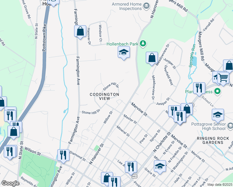 map of restaurants, bars, coffee shops, grocery stores, and more near 159 Stone Hill Drive in Pottstown