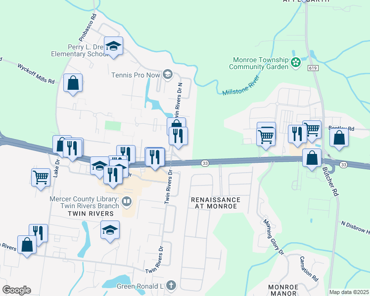 map of restaurants, bars, coffee shops, grocery stores, and more near 751 Twin Rivers Drive in East Windsor
