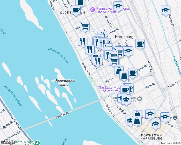 map of restaurants, bars, coffee shops, grocery stores, and more near 109 Calder Street in Harrisburg