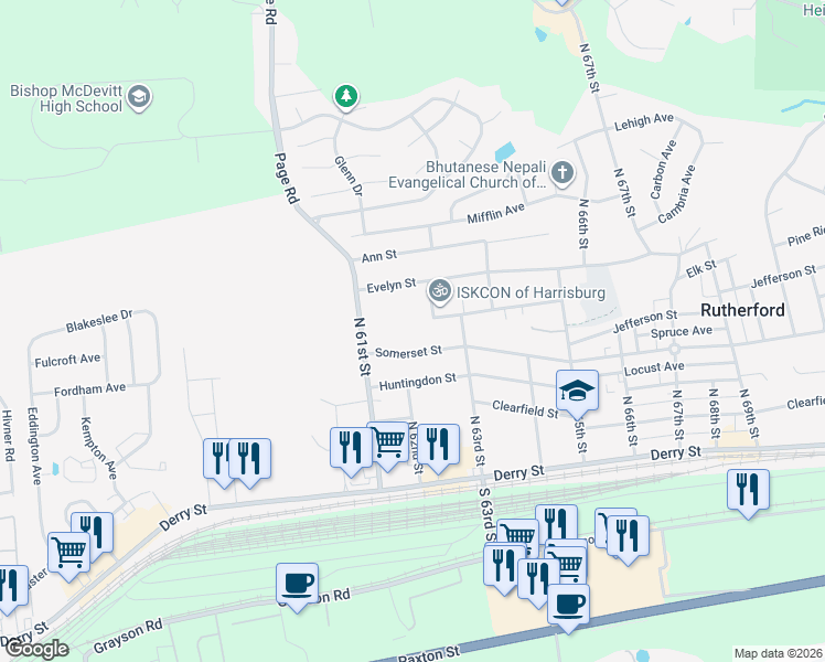map of restaurants, bars, coffee shops, grocery stores, and more near 53200 North 62nd Street in Harrisburg