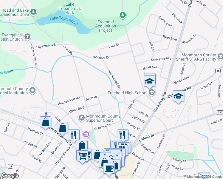 map of restaurants, bars, coffee shops, grocery stores, and more near 31 Dogwood Lane in Freehold