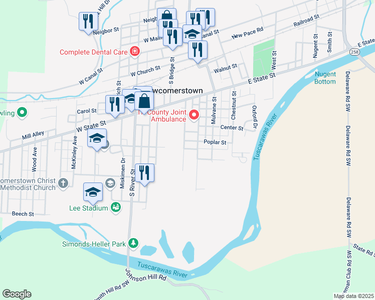 map of restaurants, bars, coffee shops, grocery stores, and more near 541 Martin Luther King Drive in Newcomerstown