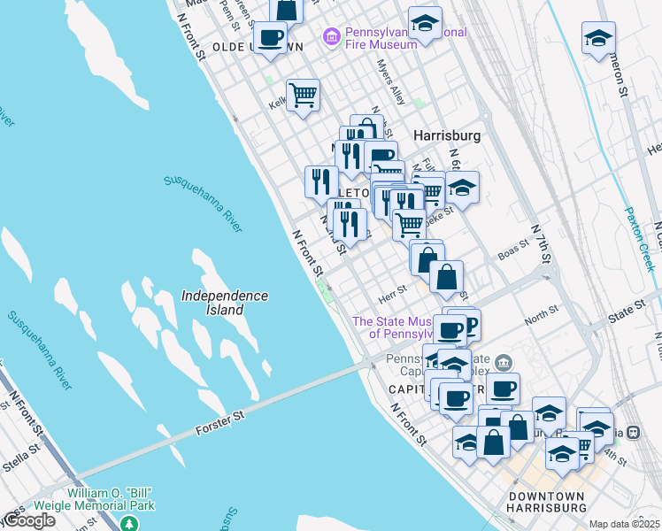 map of restaurants, bars, coffee shops, grocery stores, and more near 112 Verbeke Street in Harrisburg