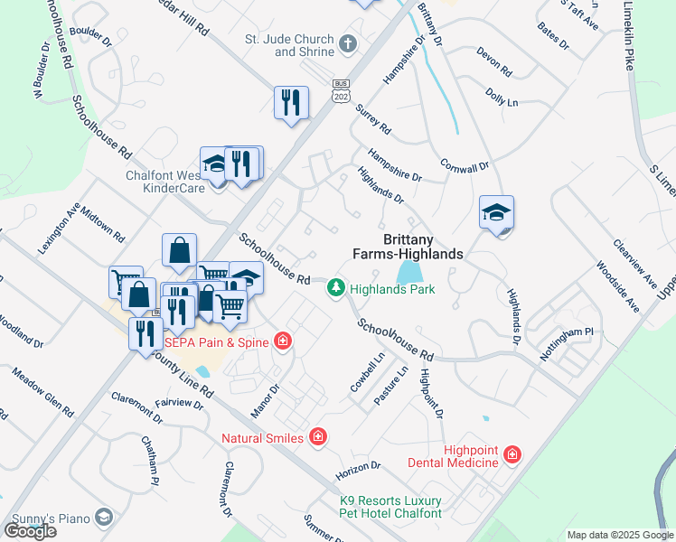 map of restaurants, bars, coffee shops, grocery stores, and more near 137 Tartan Terrace in Chalfont