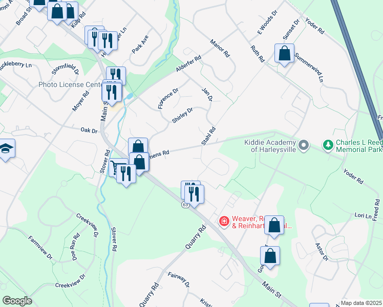 map of restaurants, bars, coffee shops, grocery stores, and more near 313 Clemens Road in Harleysville