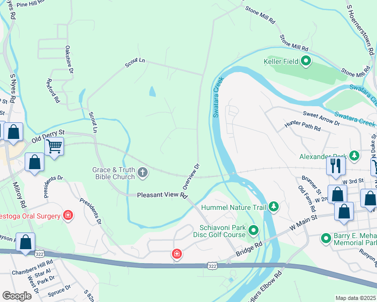 map of restaurants, bars, coffee shops, grocery stores, and more near 19 Overview Dr in Hummelstown