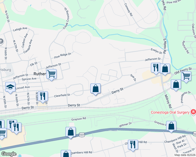 map of restaurants, bars, coffee shops, grocery stores, and more near 219 Liz Lane in Harrisburg