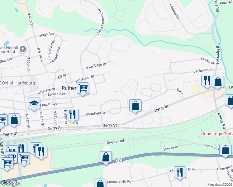 map of restaurants, bars, coffee shops, grocery stores, and more near 349 Kristy Lane in Harrisburg