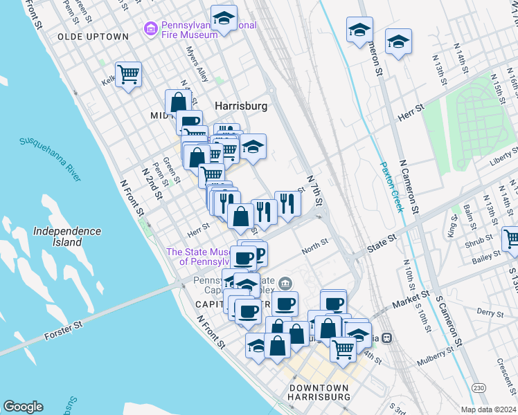 map of restaurants, bars, coffee shops, grocery stores, and more near 1100 North 6th Street in Harrisburg