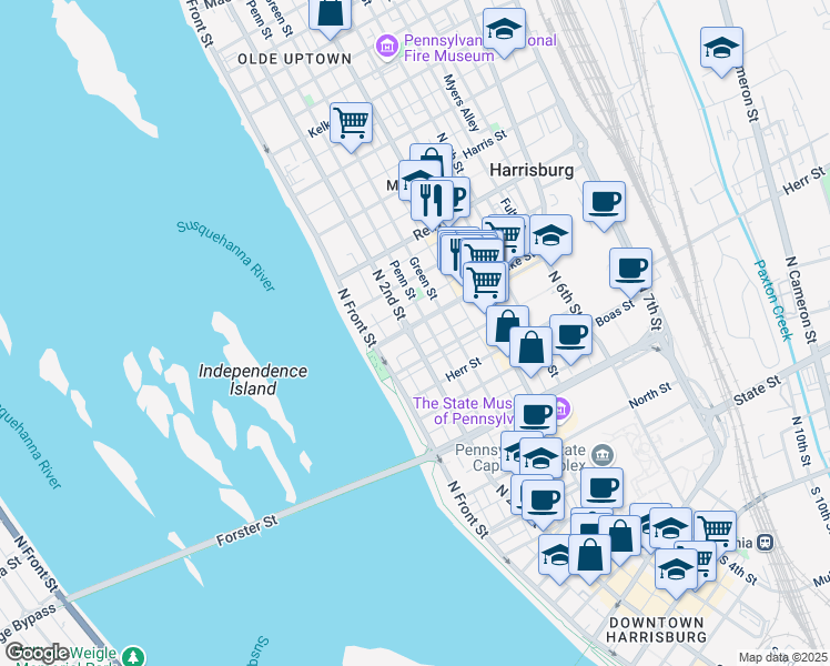 map of restaurants, bars, coffee shops, grocery stores, and more near in Harrisburg