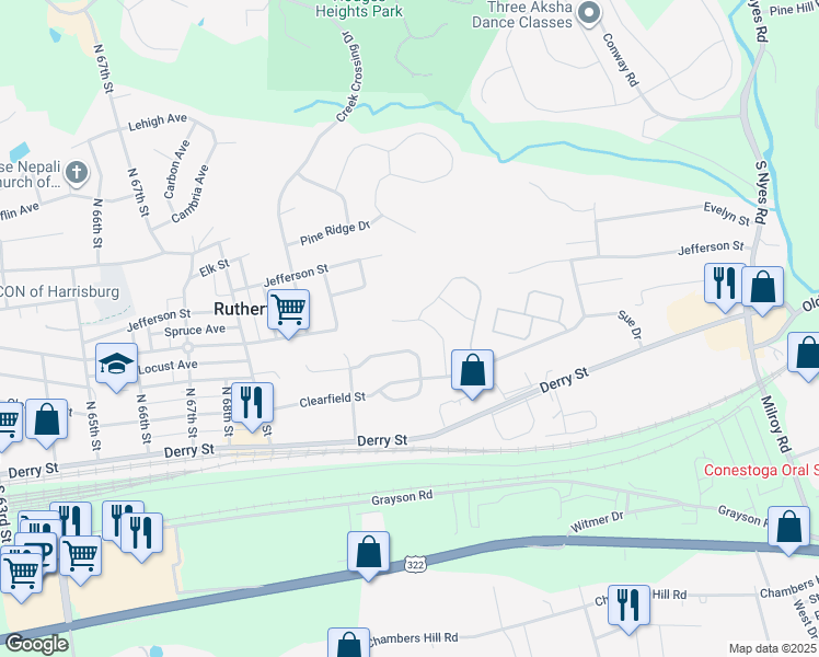 map of restaurants, bars, coffee shops, grocery stores, and more near 349 Kristy Lane in Harrisburg