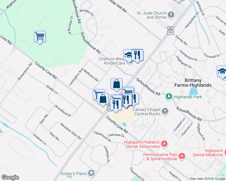 map of restaurants, bars, coffee shops, grocery stores, and more near 505 West Butler Avenue in Chalfont