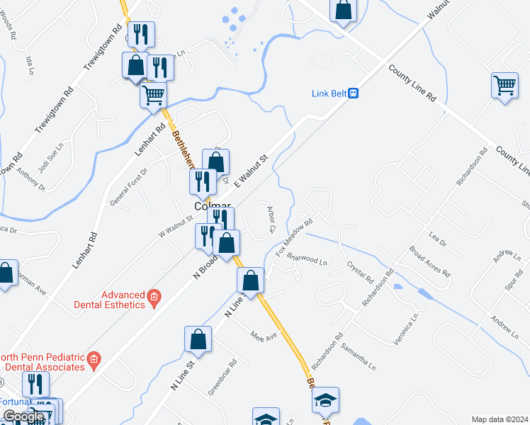 map of restaurants, bars, coffee shops, grocery stores, and more near 38 Arbor Circle in Colmar