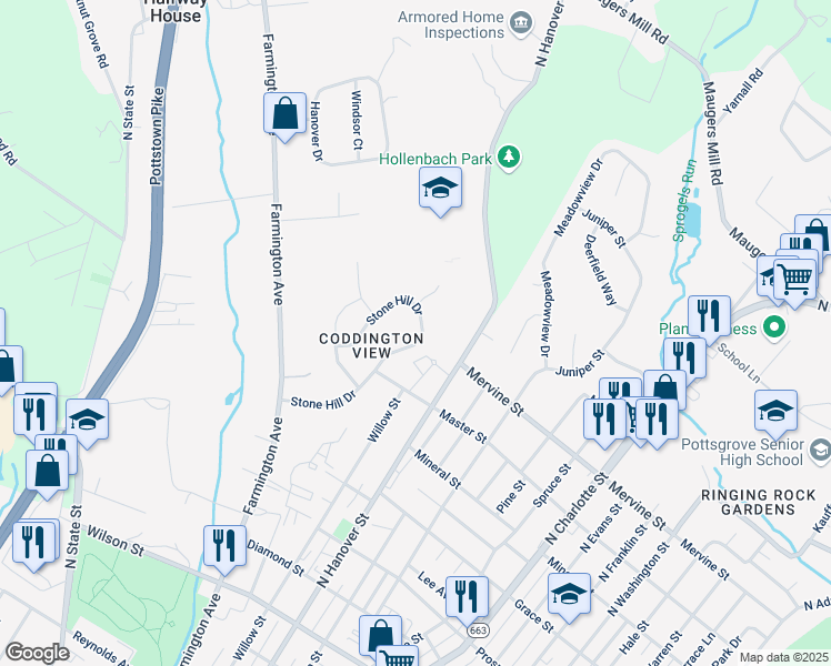 map of restaurants, bars, coffee shops, grocery stores, and more near 159 Stone Hill Drive in Pottstown