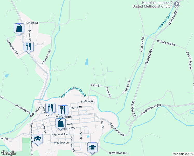 map of restaurants, bars, coffee shops, grocery stores, and more near 318 Mark Road in Herminie