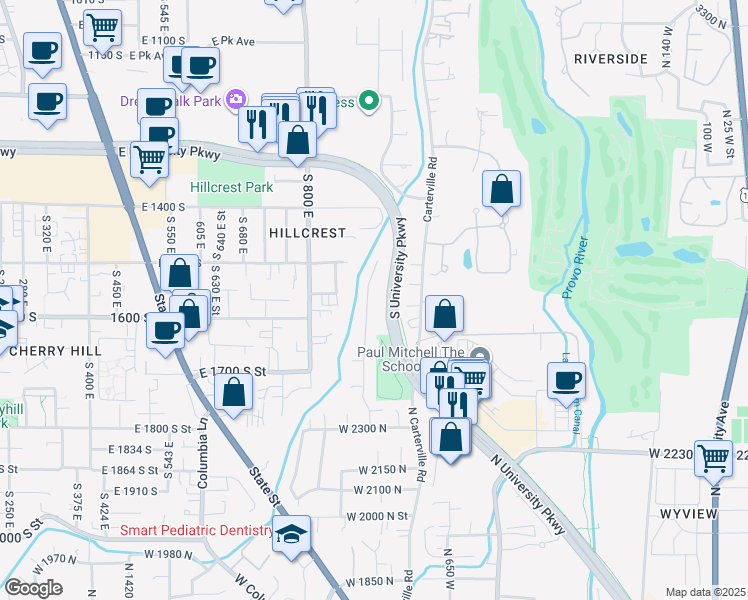 map of restaurants, bars, coffee shops, grocery stores, and more near 2586 North 850 West in Provo