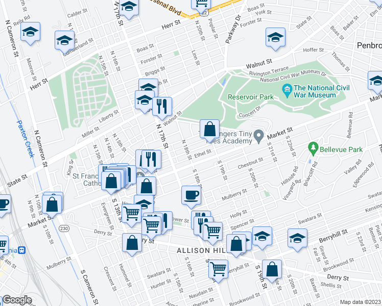 map of restaurants, bars, coffee shops, grocery stores, and more near 25 North 18th Street in Harrisburg