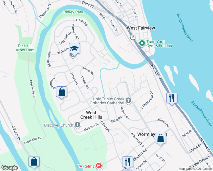map of restaurants, bars, coffee shops, grocery stores, and more near 1066 West Foxcroft Drive in Camp Hill
