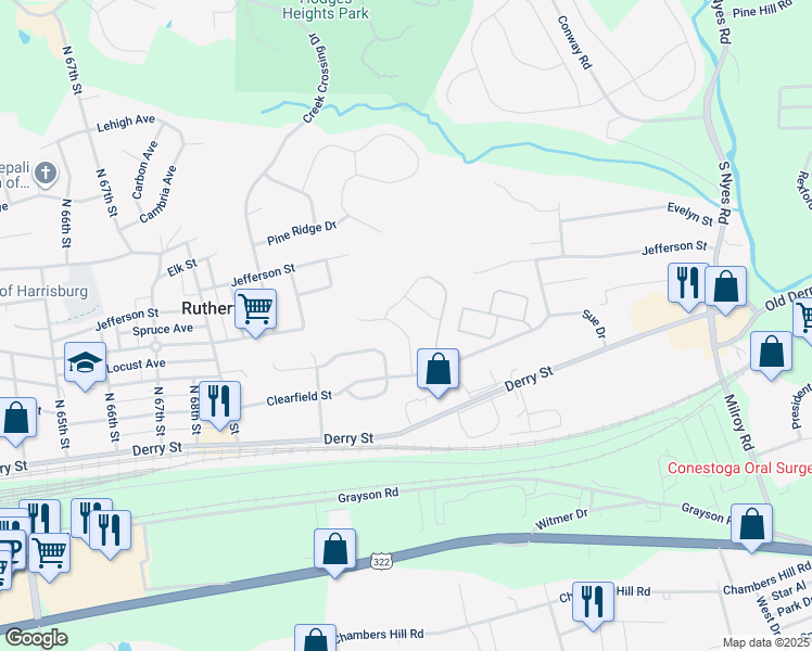 map of restaurants, bars, coffee shops, grocery stores, and more near 239 Kristy Lane in Harrisburg