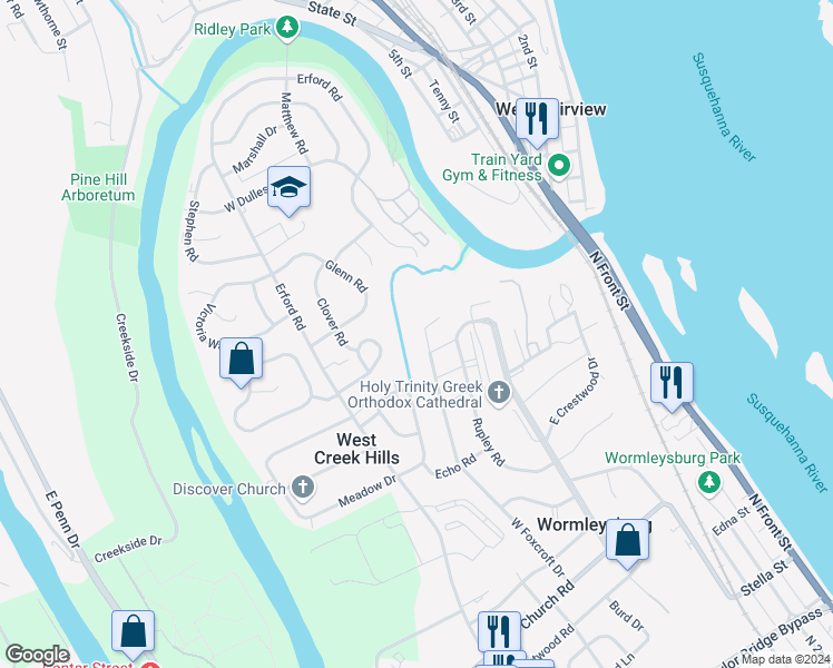 map of restaurants, bars, coffee shops, grocery stores, and more near 1066 West Foxcroft Drive in Camp Hill