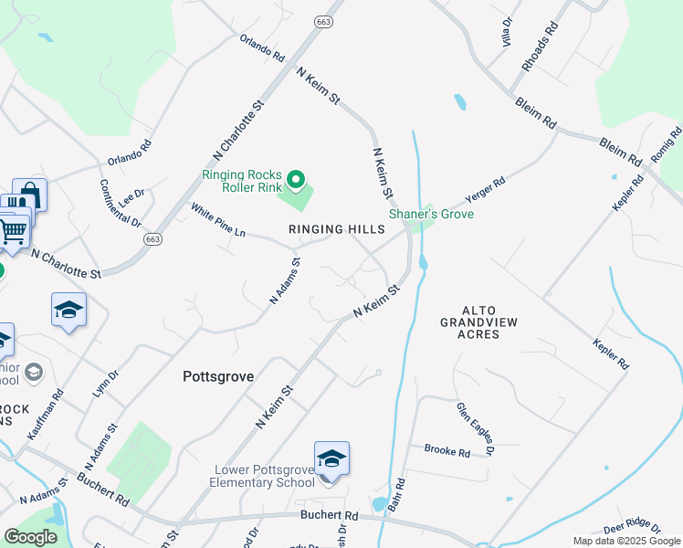 map of restaurants, bars, coffee shops, grocery stores, and more near 1281 Ringing Rocks Park in Pottstown