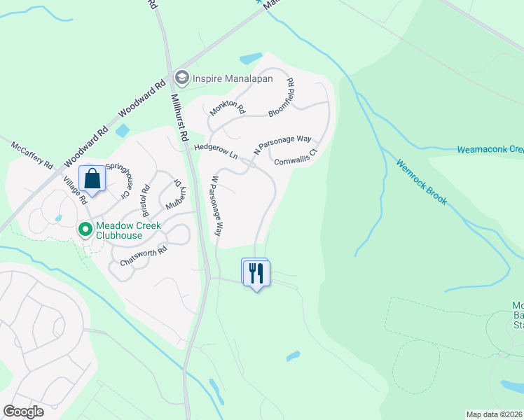 map of restaurants, bars, coffee shops, grocery stores, and more near 12 Hedgerow Lane in Manalapan Township