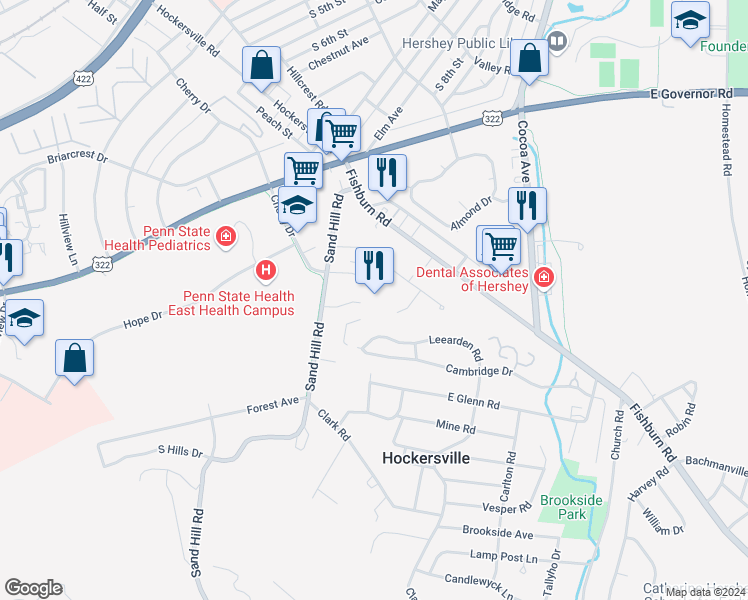 map of restaurants, bars, coffee shops, grocery stores, and more near 451 Sand Hill Road in Hershey