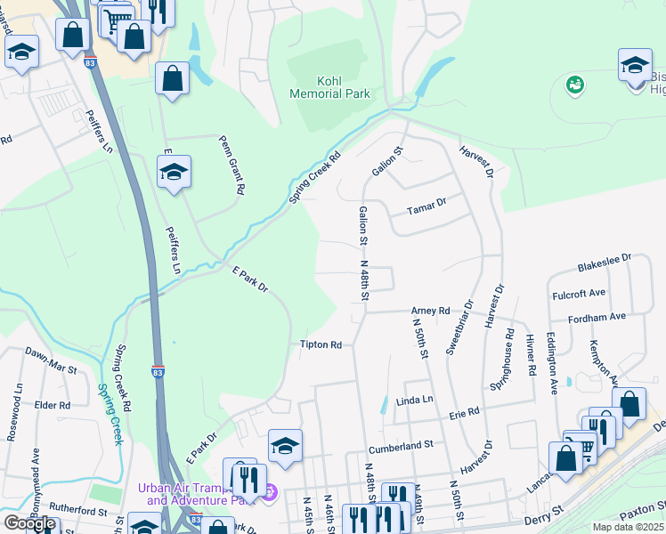 map of restaurants, bars, coffee shops, grocery stores, and more near 4720 Broadway Street in Harrisburg