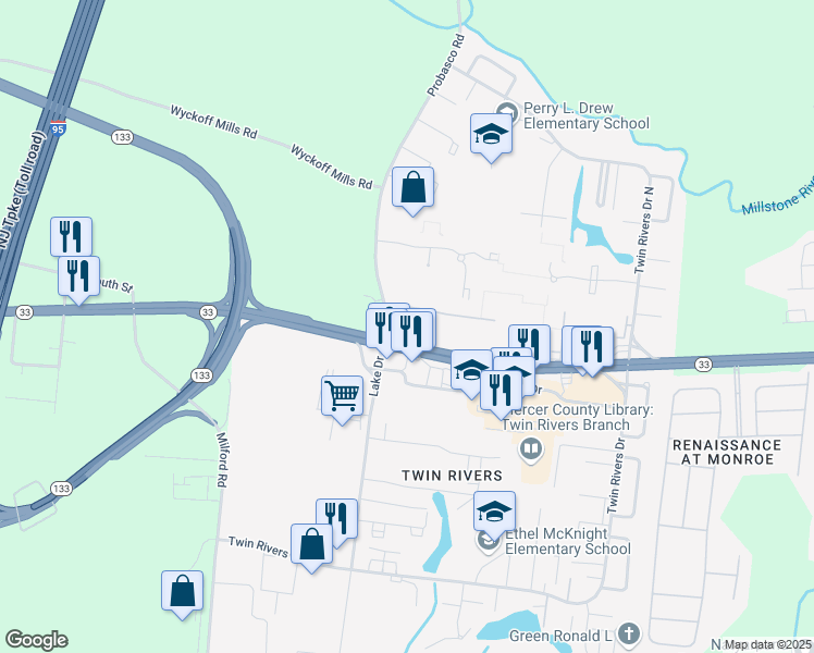 map of restaurants, bars, coffee shops, grocery stores, and more near E21 Avon Drive in East Windsor