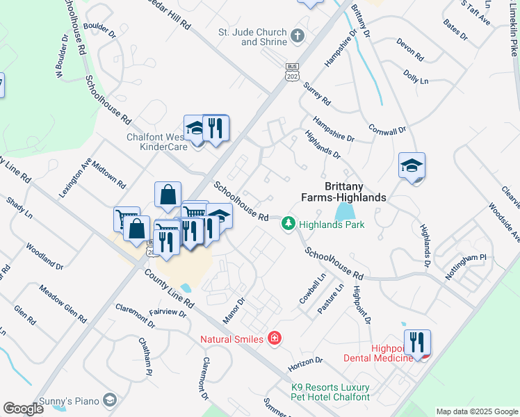 map of restaurants, bars, coffee shops, grocery stores, and more near in Chalfont