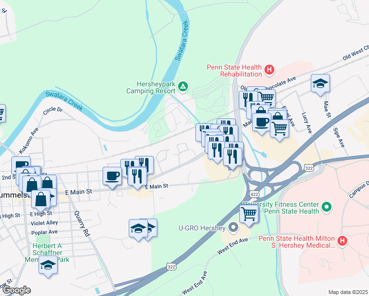 map of restaurants, bars, coffee shops, grocery stores, and more near 10 Cameron Avenue in Hummelstown