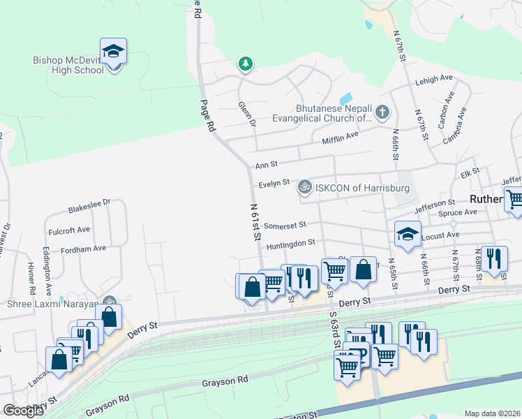 map of restaurants, bars, coffee shops, grocery stores, and more near 381 North 61st Street in Harrisburg