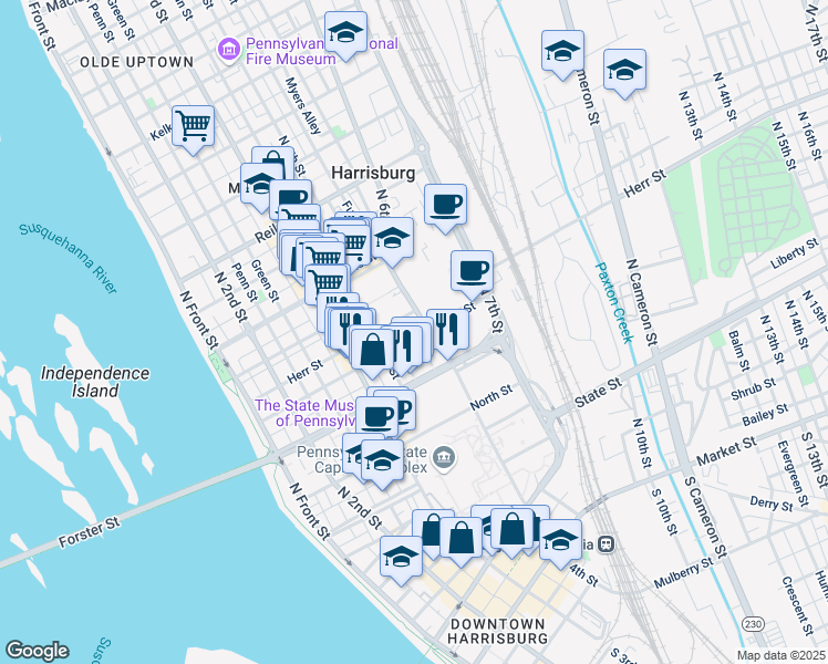 map of restaurants, bars, coffee shops, grocery stores, and more near 1100 North 6th Street in Harrisburg