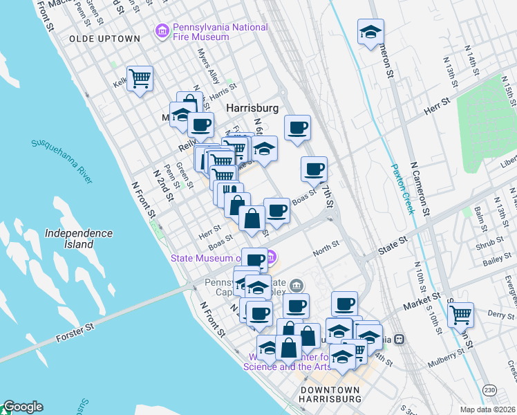 map of restaurants, bars, coffee shops, grocery stores, and more near in Harrisburg
