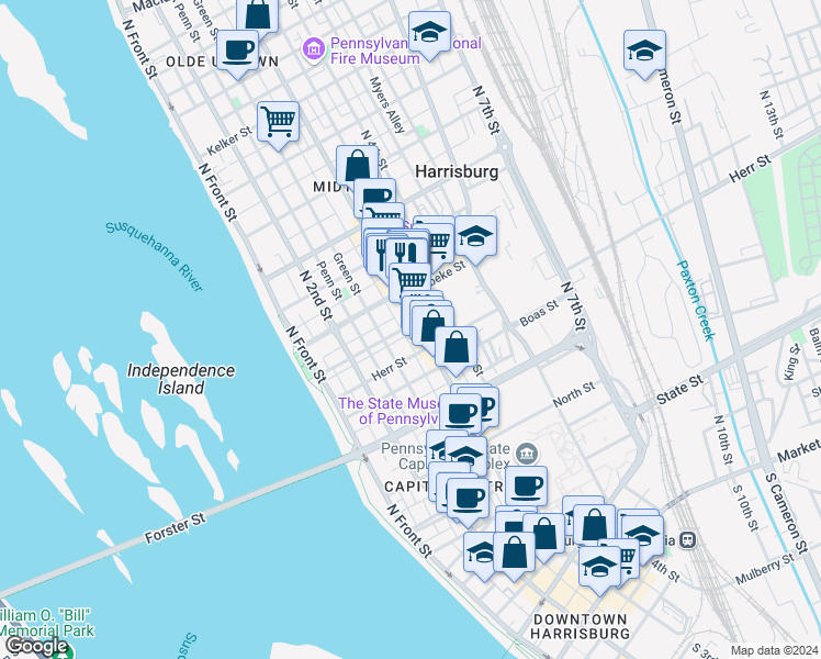 map of restaurants, bars, coffee shops, grocery stores, and more near 1231 North 3rd Street in Harrisburg