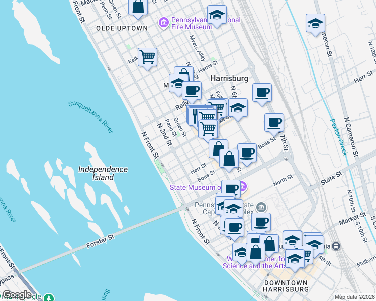 map of restaurants, bars, coffee shops, grocery stores, and more near 251 Verbeke Street in Harrisburg