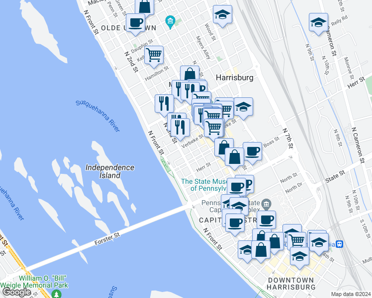 map of restaurants, bars, coffee shops, grocery stores, and more near in Harrisburg