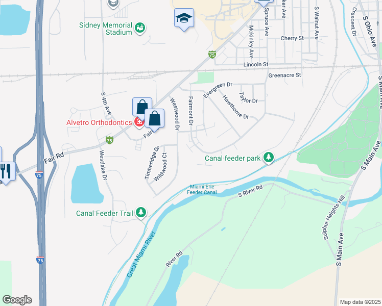 map of restaurants, bars, coffee shops, grocery stores, and more near 1520 Spruce Avenue in Sidney