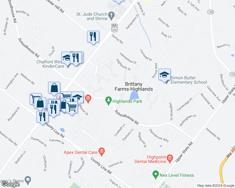 map of restaurants, bars, coffee shops, grocery stores, and more near 129 Tartan Terrace in Chalfont