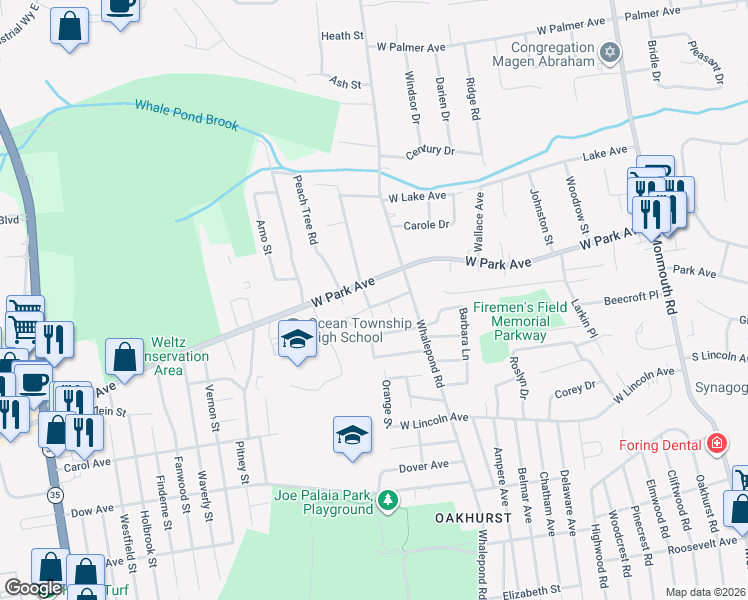 map of restaurants, bars, coffee shops, grocery stores, and more near 496 West Park Avenue in Ocean Township